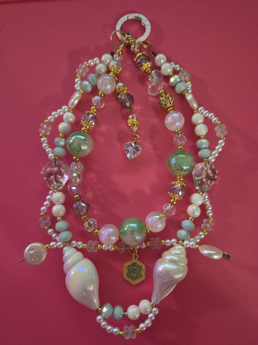 Beaded Pearl and Shell Phone Chain With Seaglass Beads  - Pink & Green